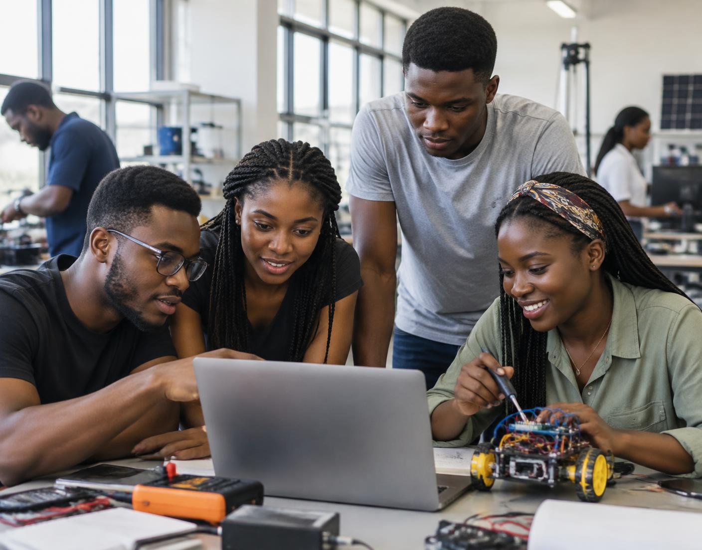 Students building a robotics project