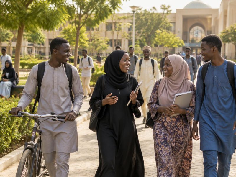 Students chatting on a campus walkway