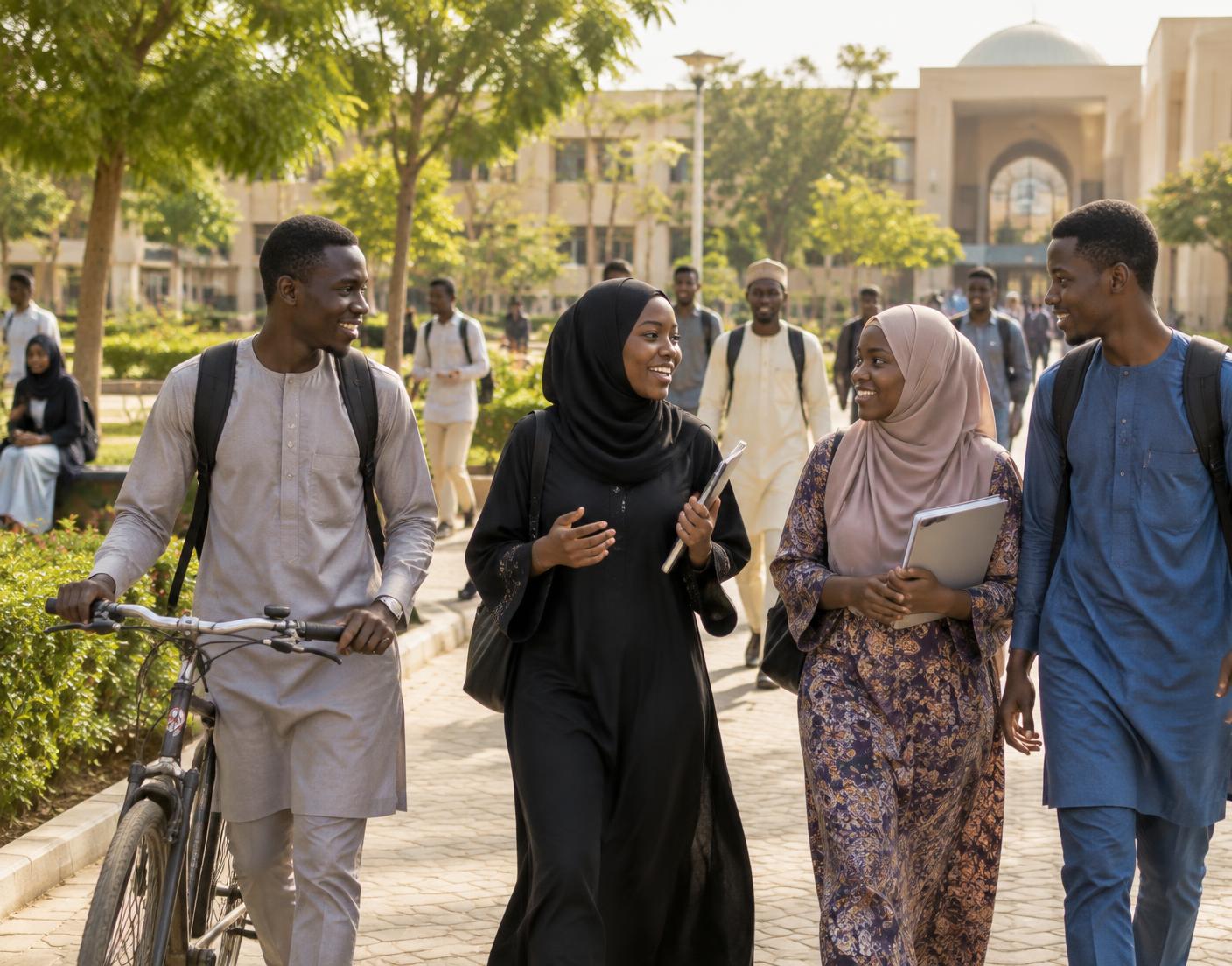 Students chatting on a campus walkway